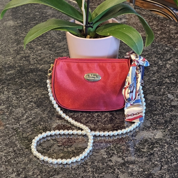 Dior Handbags - Christian Dior Red Clutch with Faux Pearl Strap & Twilly Added